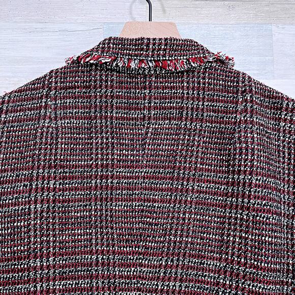 Banana Republic Boucle Long Jacket Black Red Fringe Trim Open Front Womens 10 - Picture 5 of 7